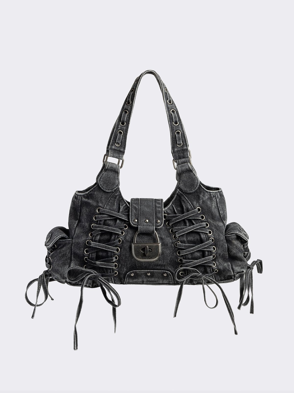 Lace-up shoulder bag in black washed denim. 