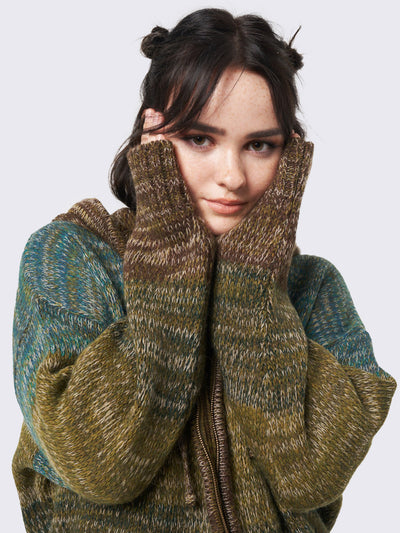 Zip up hood knitted cardigan featuring a oversized fit and green, brown and blue degrade stripes.