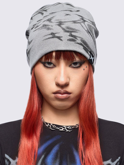 Grey beanie hat featuring a graphic print by cold𝐹33t designer.