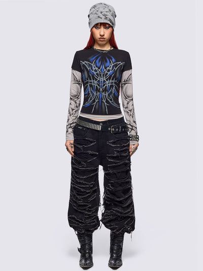 Black layered long sleeve top with grey contrast sleeves featuring a graphic print by cold𝐹33t designer.