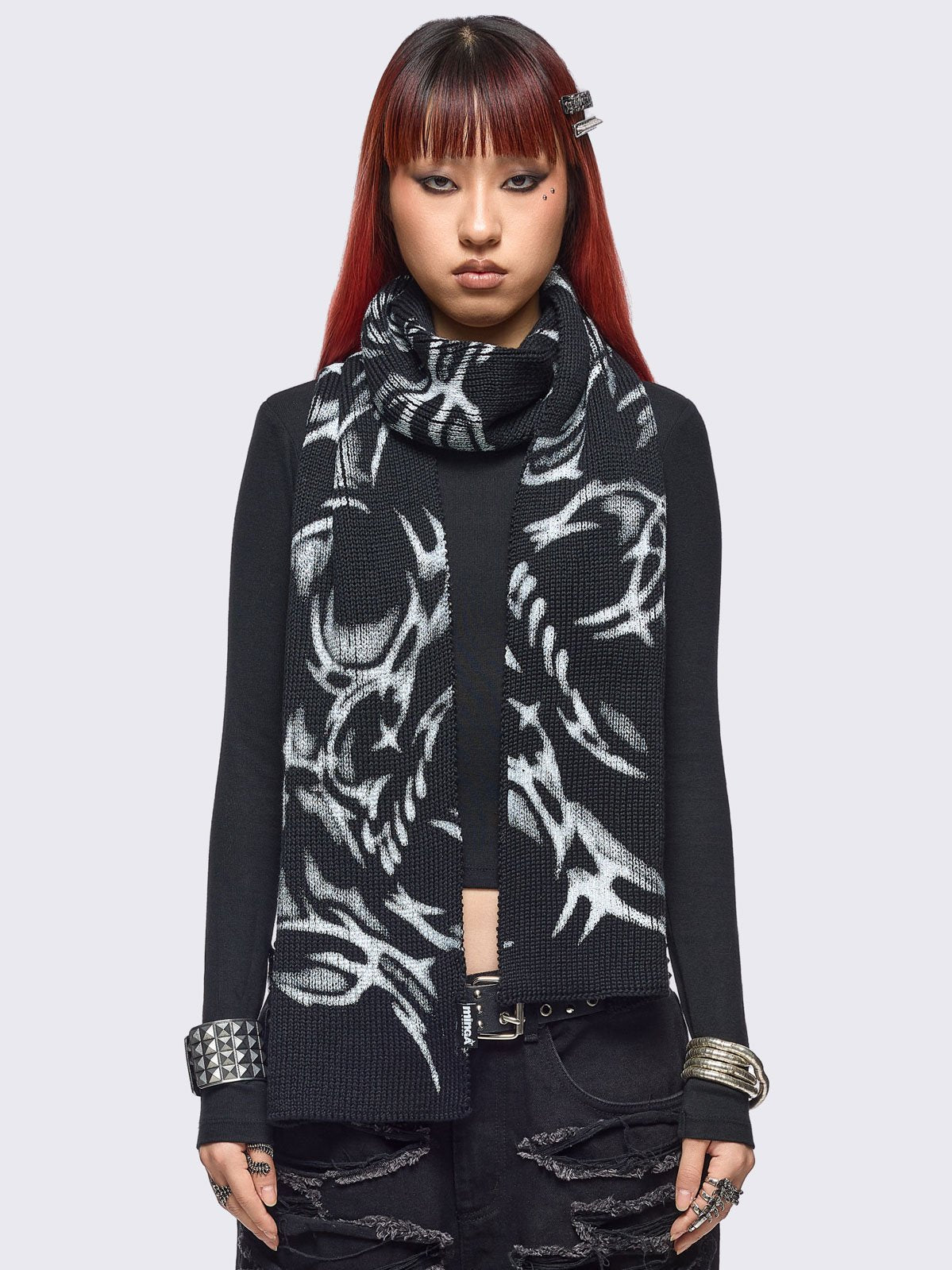 Black knitted scarf  with cyber sigilism graphic print by cold𝐹33t.