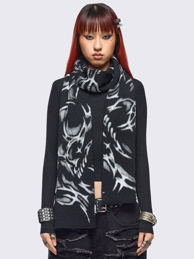 Black knitted scarf  with cyber sigilism graphic print by cold𝐹33t.
