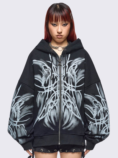 Black zip up hoodie jacket with graphic front and sleeves print by coldfeet designer.