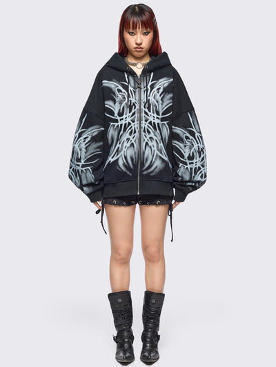 Black zip up hoodie jacket with graphic front and sleeves print by coldfeet designer.