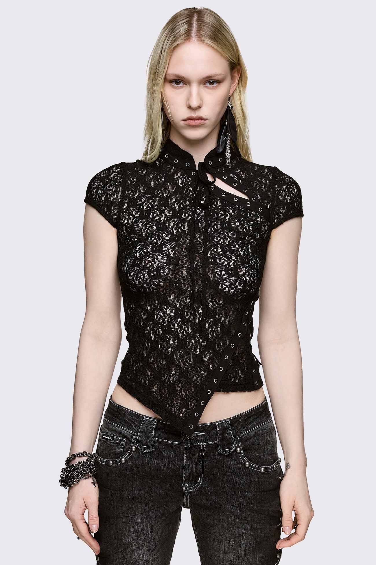 Black sheer lace top in polyester blend with eyelet trim, mandarin collar, and asymmetrical hem in a goth vibe.