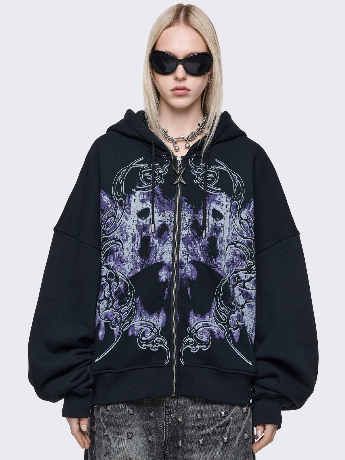 Black zip up oversized hoodie jacket with purple grunge graphic and sigilism print
