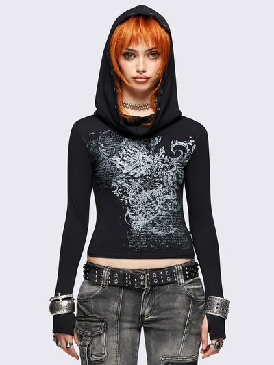 Black hooded top featuring a cowl neck with eyelets details, wings graphic front print and thumbhole cuffs. 