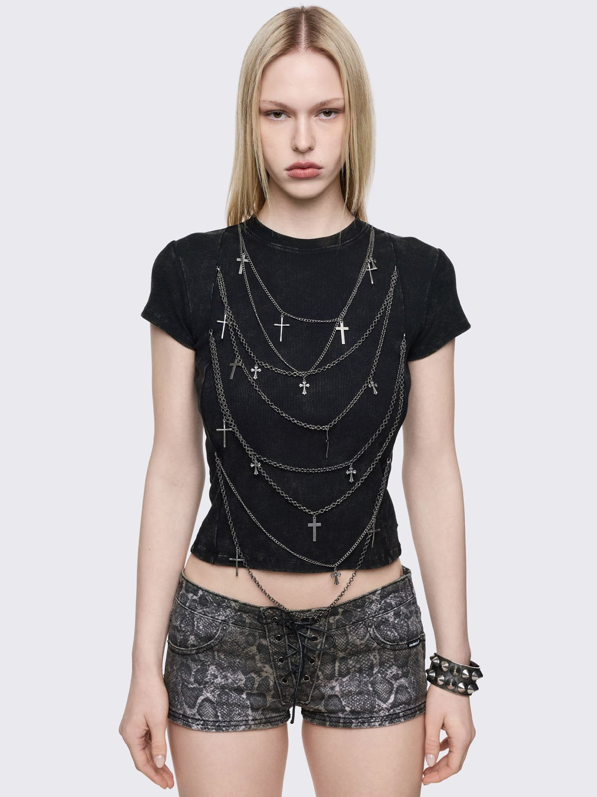 Black washed ribbed baby tee with multi-layered chain with cross pendants