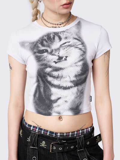 White cropped baby tee with pixel kitty graphic print. Perfect for Y2K and grunge-inspired looks