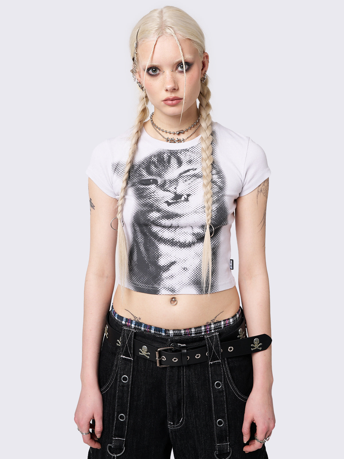 White cropped baby tee with pixel kitty graphic print. Perfect for Y2K and grunge-inspired looks