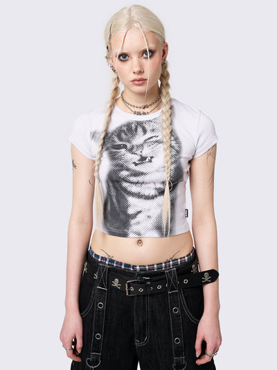White cropped baby tee with pixel kitty graphic print. Perfect for Y2K and grunge-inspired looks