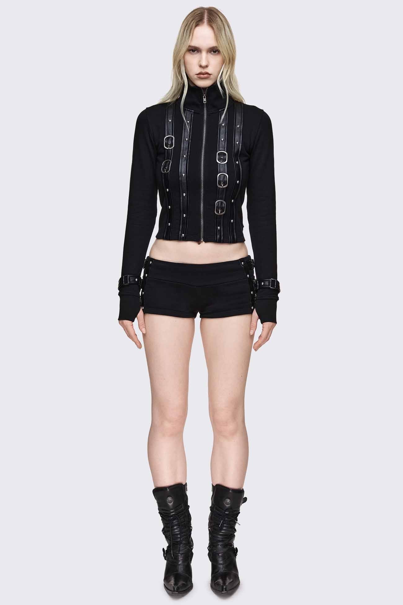 Black cropped zip up cardigan with faux leather buckle straps, silver studs, high neck and slim fit.