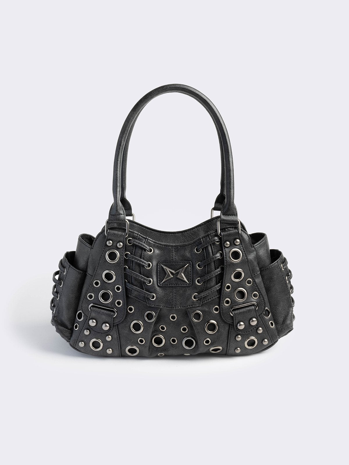 Black vegan leather shoulder bag with silver eyelets and multiple pockets