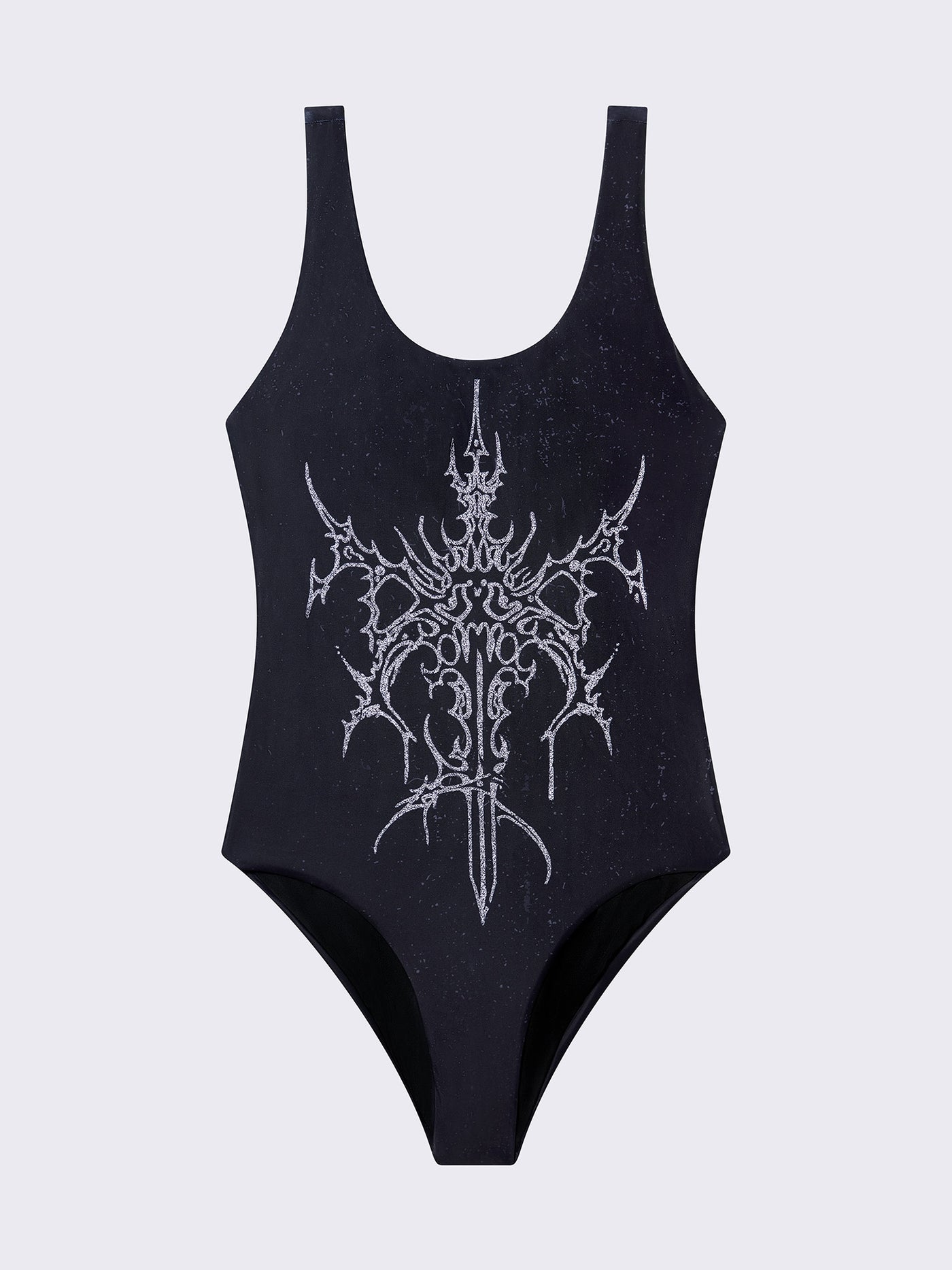 One-piece swimsuit in black with dagger graphic print