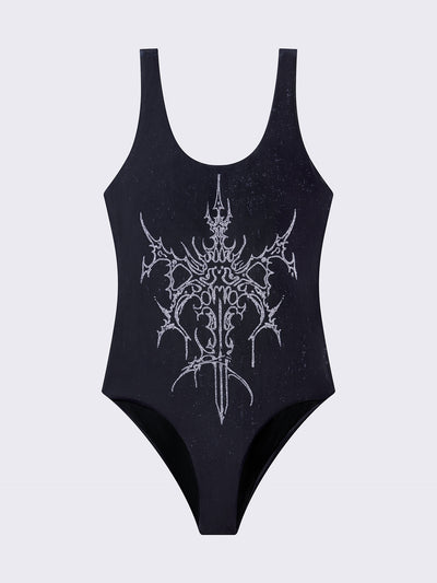 One-piece swimsuit in black with dagger graphic print