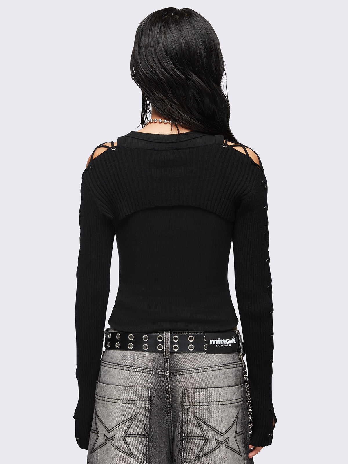 Black lace up shrug. Bolero style and soft rib-knit. 