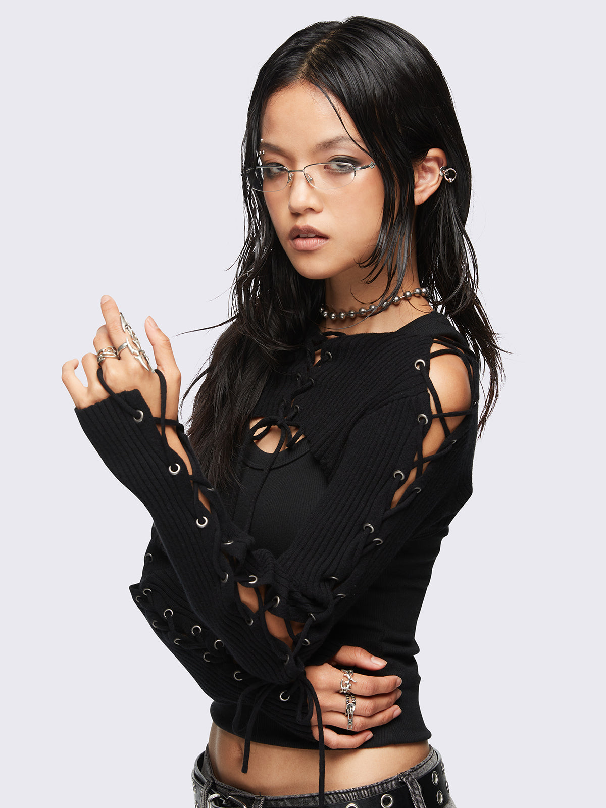 Black lace up shrug. Bolero style and soft rib-knit. 