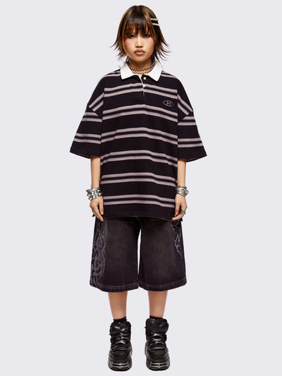 Black and grey striped rugby polo with white spread collar and a oversized fit.