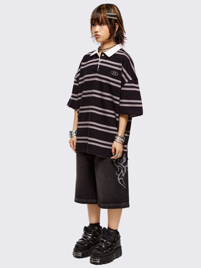 Black and grey striped rugby polo with white spread collar and a oversized fit.
