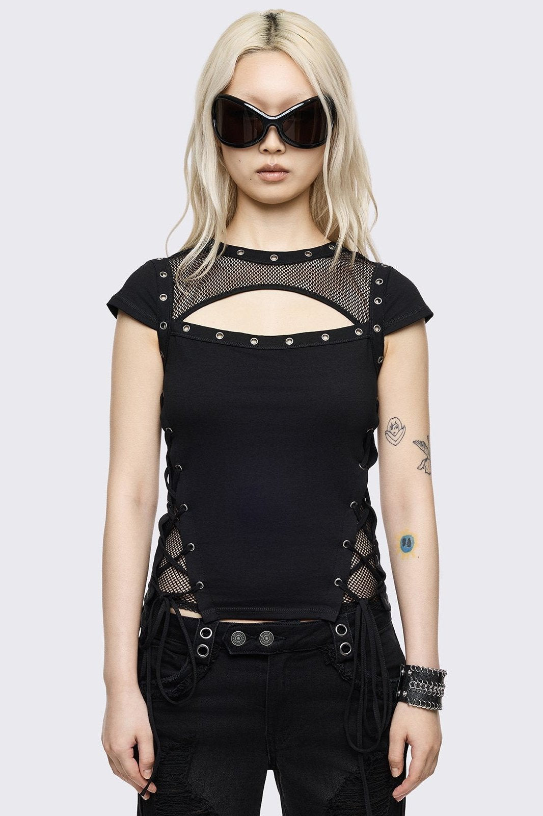Black eyelet mesh lace-up top.