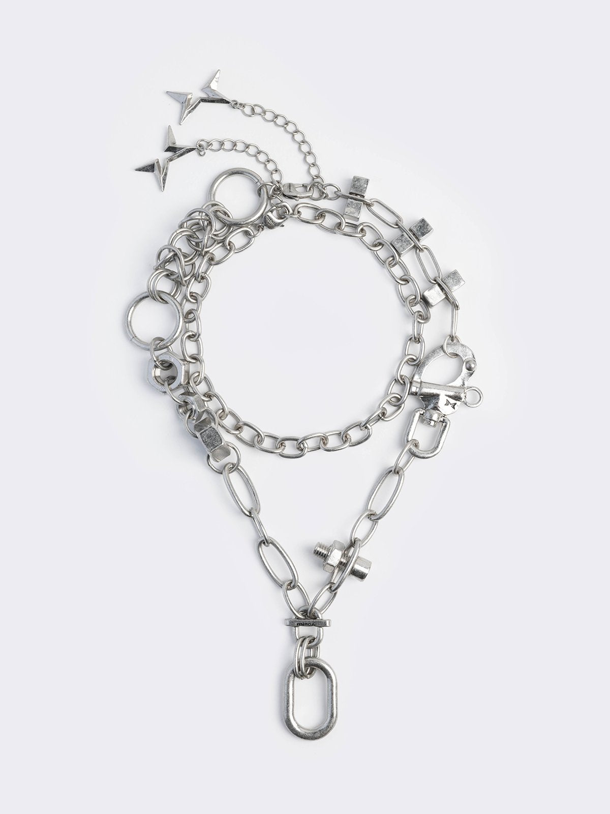 Set of 2 silver necklaces with nuts, bolts and more hardware details