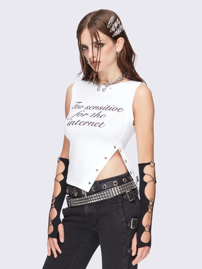 White slit neck top with side split and " too sensitive for the internet" graphic front print.