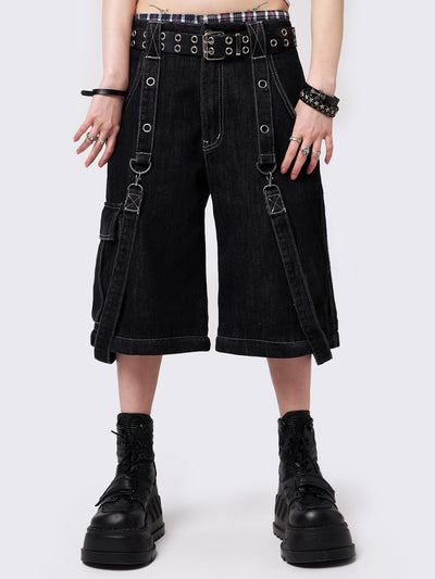 Black multi pocket cargo jeans featuring a detachable-leg with zipper and all over straps and D-rings details.