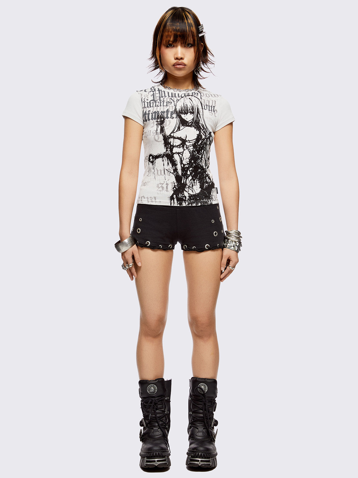 Off-white graphic baby tee with dark goth girl fantasy graphic print.
