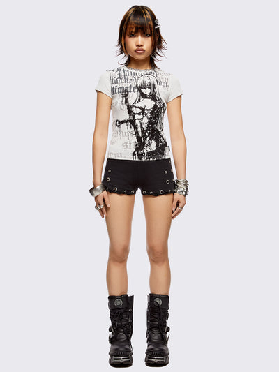 Off-white graphic baby tee with dark goth girl fantasy graphic print.