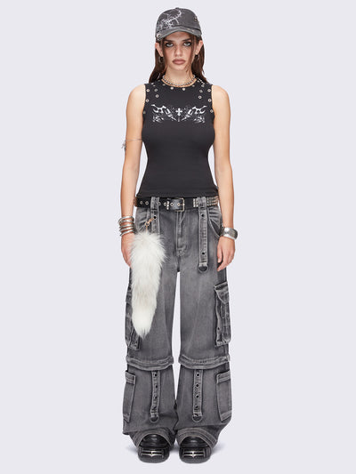 Black tank top with tribal sigilism front print and eyelet trim details.