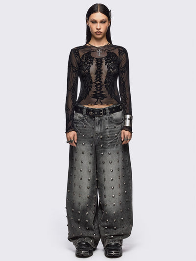 Black mesh top with winged corset and sigilism graphic print.