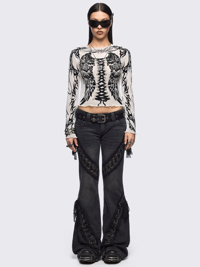 White mesh top with black winged corset and sigilism graphic print.