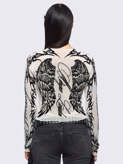 White mesh top with black winged corset and sigilism graphic print.