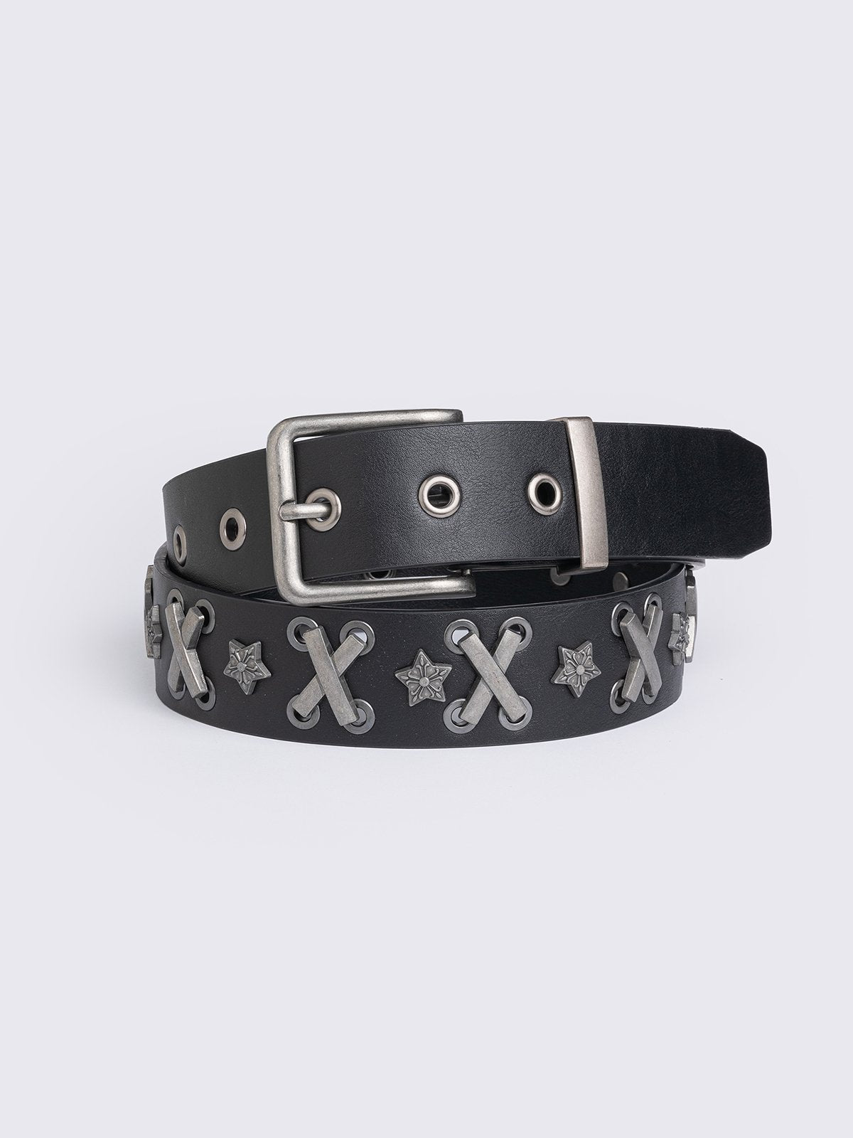 Black vegan leather belt with hardware and star details