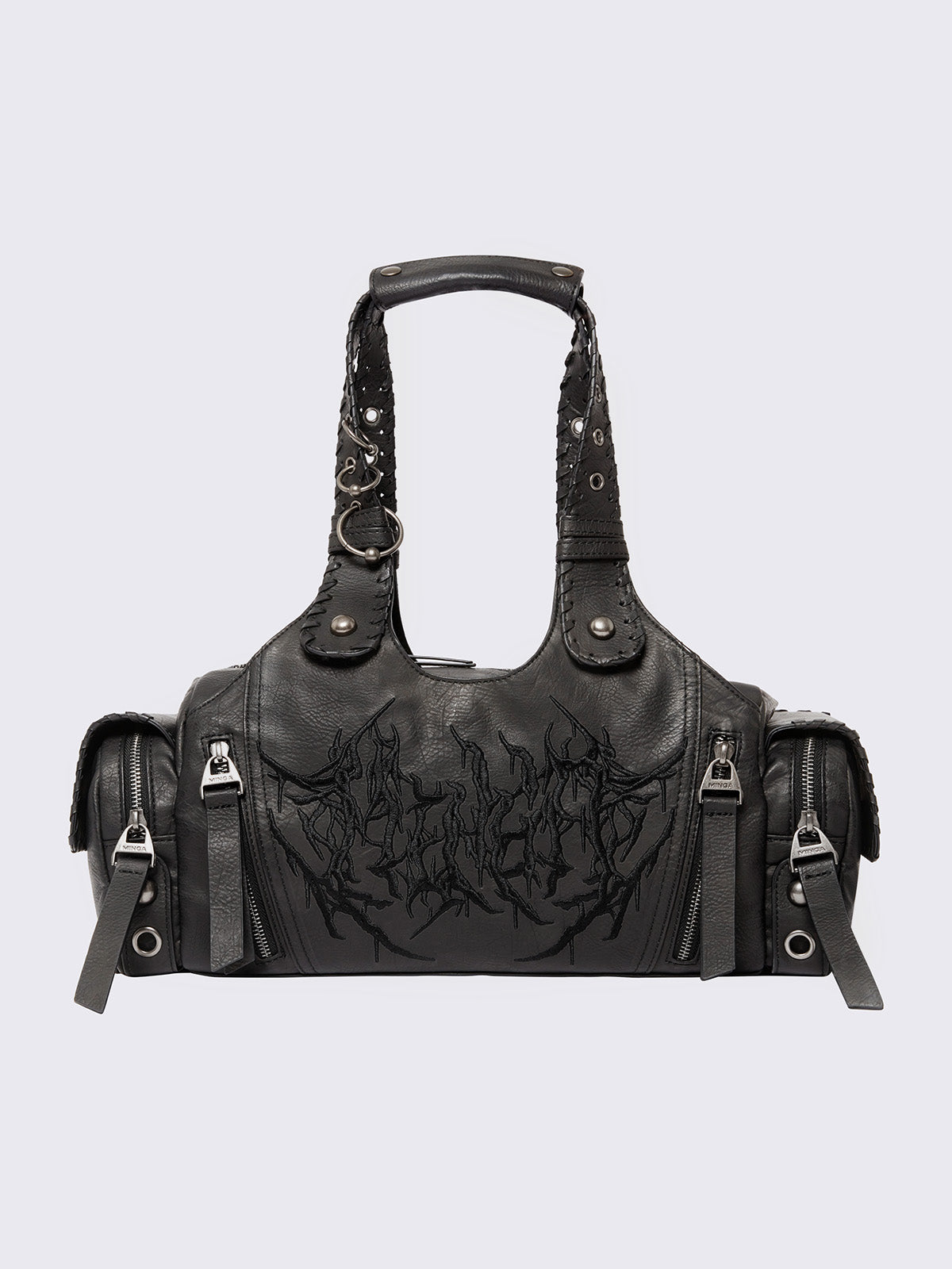 Black vegan leather shoulder bag with sigilism graphic embroidery and piercing, eyelet and stud details. 
Multiple pockets and two handles.