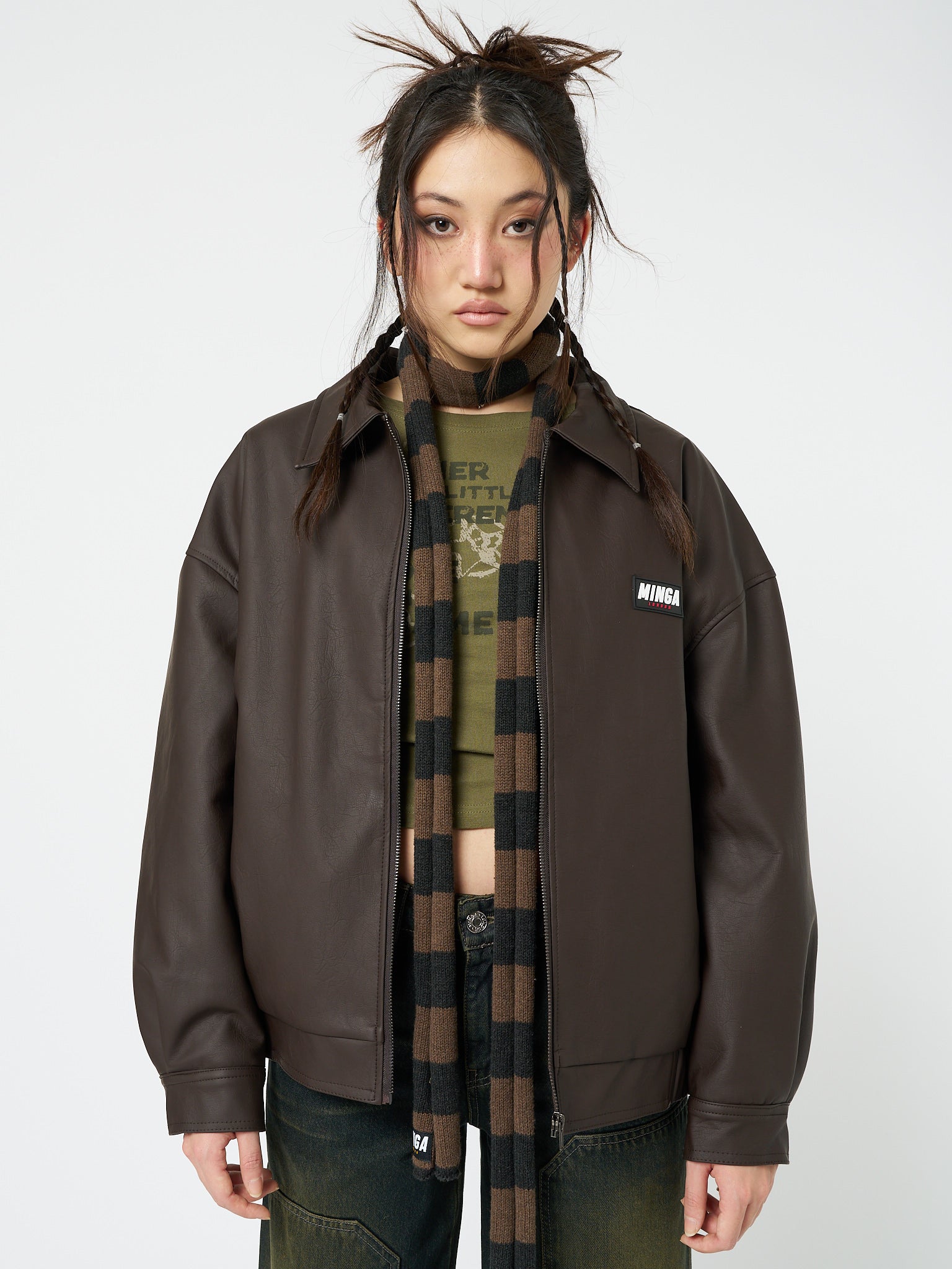 Nora Vegan Leather Bomber Jacket in Brown - Minga EU
