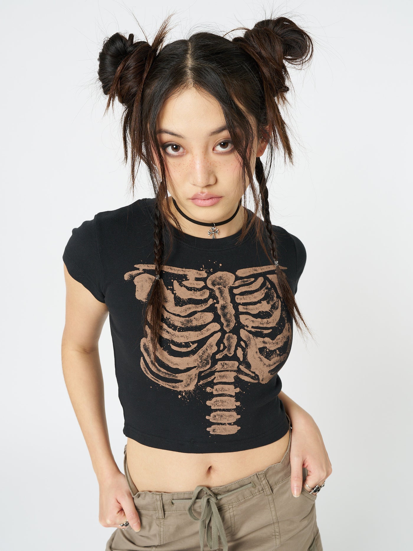 Skeleton Black Graphic Print Baby Tee - Minga EU
